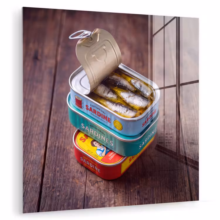 Glasbild - Fisch – Dosen – Küche - Vis - Blikjes - Keuken plexiglas 5mm klein
