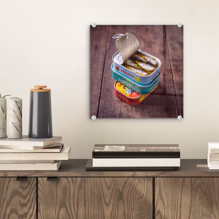 Glasbild - Fisch – Dosen – Küche - Vis - Blikjes - Keuken plexiglas 5mm klein