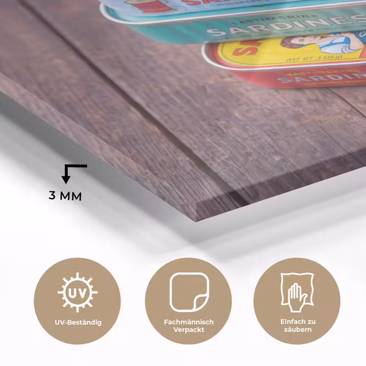 Glasbild - Fisch – Dosen – Küche - Vis - Blikjes - Keuken plexiglas 5mm klein