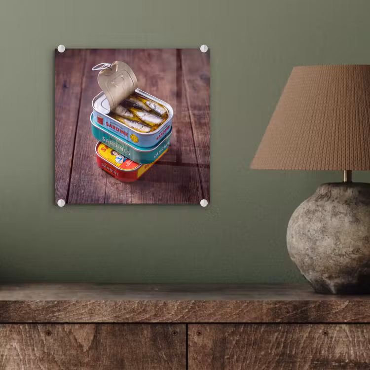 Glasbild - Fisch – Dosen – Küche - Vis - Blikjes - Keuken plexiglas 5mm klein