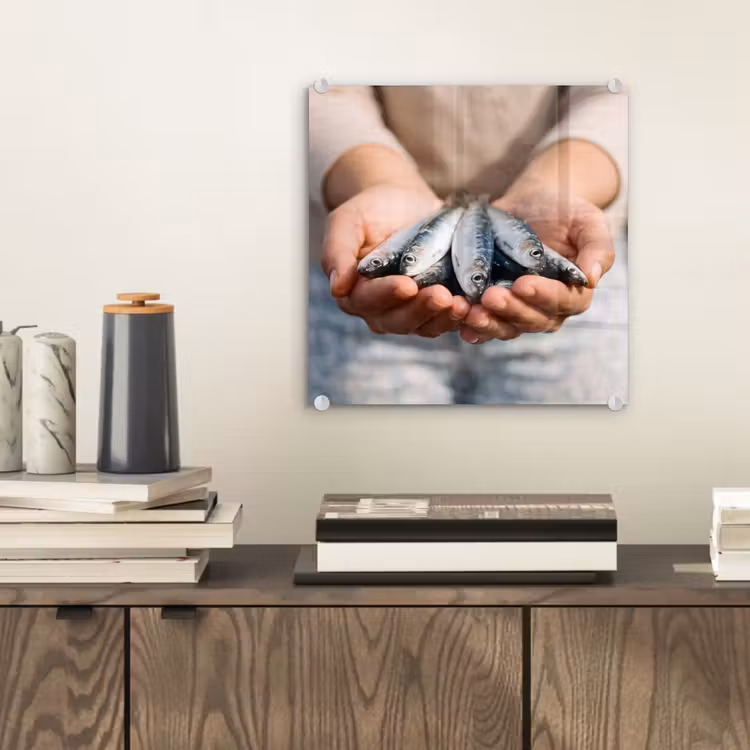 Glasbild - Fisch – Hände – Natur - Vis - Handen - Natuur plexiglas 5mm klein