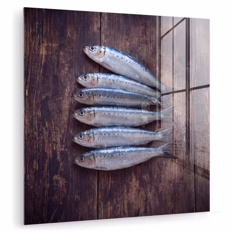 Glasbild - Fisch – Holz – Essen - Vis - Hout - Eten plexiglas 5mm klein