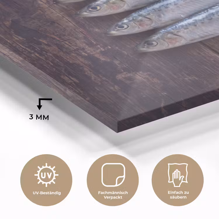 Glasbild - Fisch – Holz – Essen - Vis - Hout - Eten plexiglas 5mm klein