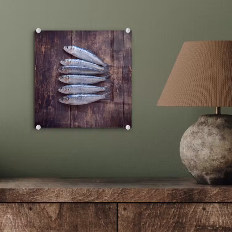 Glasbild - Fisch – Holz – Essen - Vis - Hout - Eten plexiglas 5mm klein