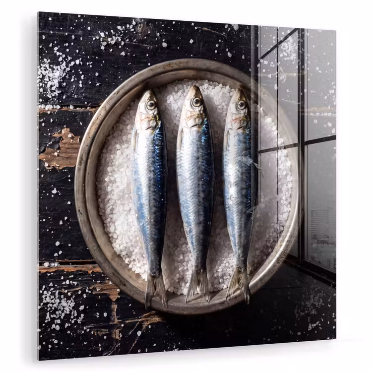 Glasbild - Fisch – Salz – Essen - Vis - Zout - Eten plexiglas 5mm klein