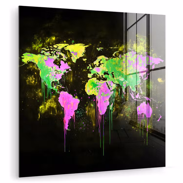Fluorescerend - Wereldkaart - Druipen - Verf plexiglas 5mm klein -zzzproduct_nieuw