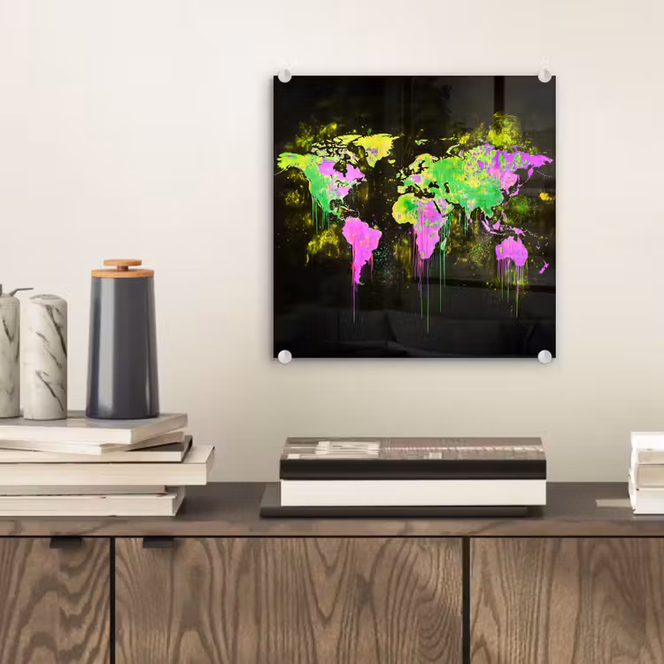 Fluorescerend - Wereldkaart - Druipen - Verf plexiglas 5mm klein -sfeer1