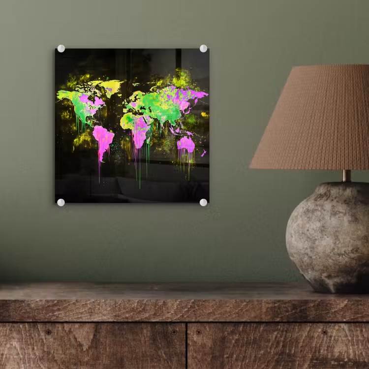 Fluorescerend - Wereldkaart - Druipen - Verf plexiglas 5mm klein -sfeer3