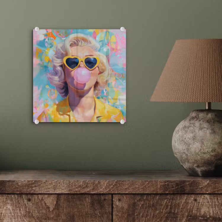 Vrouw - Blond - Roze kauwgom - Kleurrijk - Pastel plexiglas 5mm klein -sfeer3