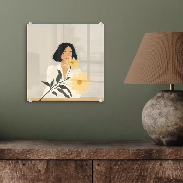 Vrouw - Bloem - Geel - Minimalistisch plexiglas 5mm klein -sfeer3