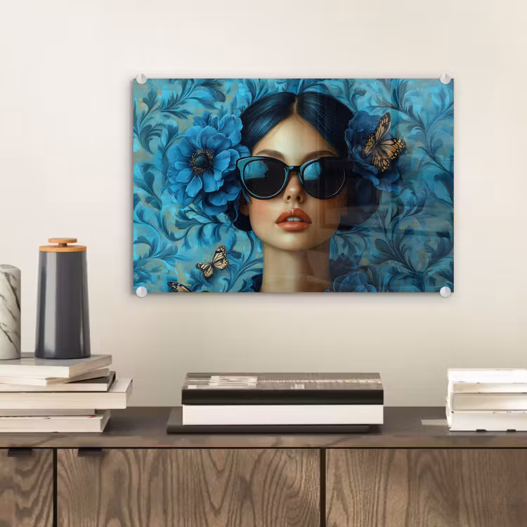 Vrouw - Bloemen - Vlinders - Blauw - Abstract plexiglas 5mm klein -sfeer1