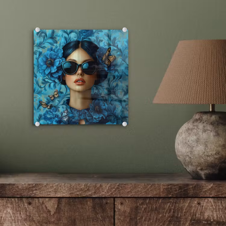 Vrouw - Bloemen - Vlinders - Blauw - Abstract plexiglas 5mm klein -sfeer3