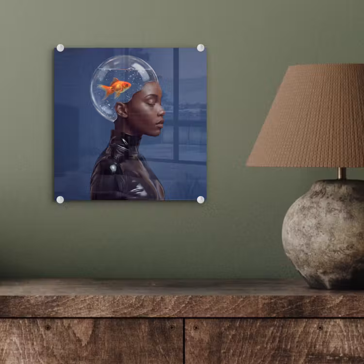 Vrouw - Goudvis - Hoofd - Abstract - Blauw plexiglas 5mm klein -sfeer3