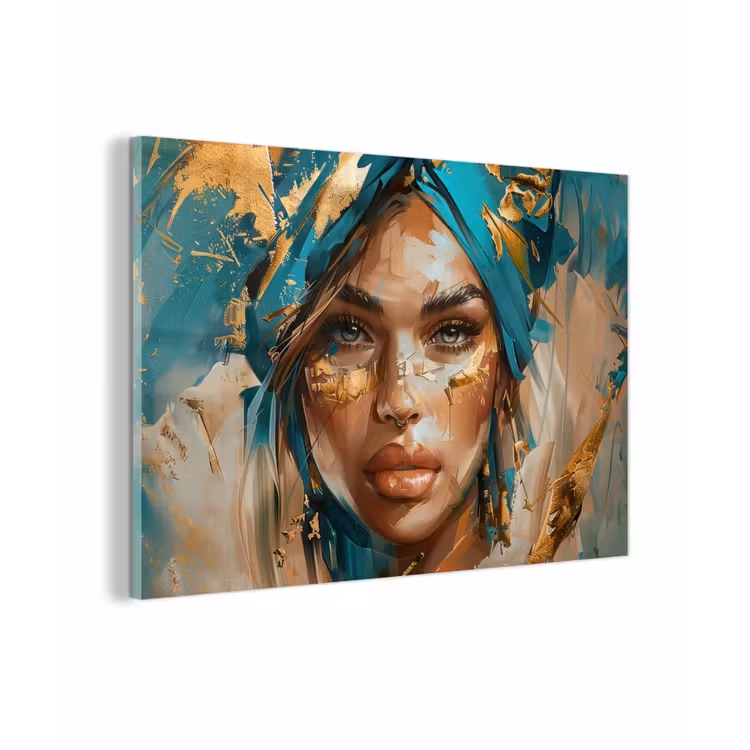 Vrouw - Portret - Goud - Luxe - Blauw plexiglas 5mm klein -zzzproduct_nieuw