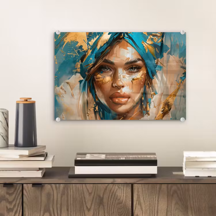 Vrouw - Portret - Goud - Luxe - Blauw plexiglas 5mm klein -sfeer1