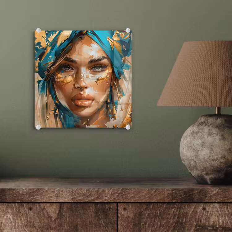 Vrouw - Portret - Goud - Luxe - Blauw plexiglas 5mm klein -sfeer3