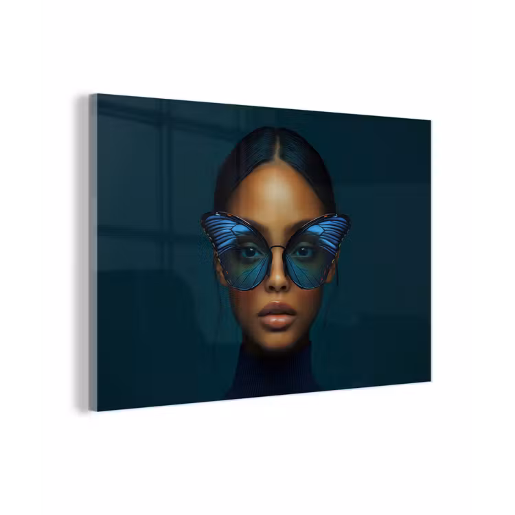 Vrouw - Vlinder - Bril - Blauw - Modern - Portret plexiglas 5mm klein -zzzproduct_nieuw