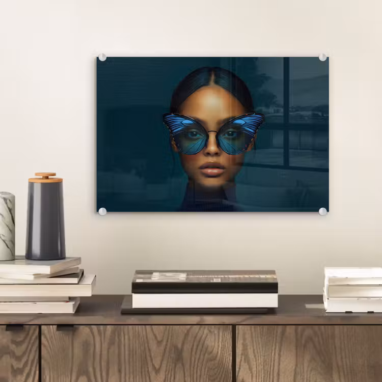 Vrouw - Vlinder - Bril - Blauw - Modern - Portret plexiglas 5mm klein -sfeer1