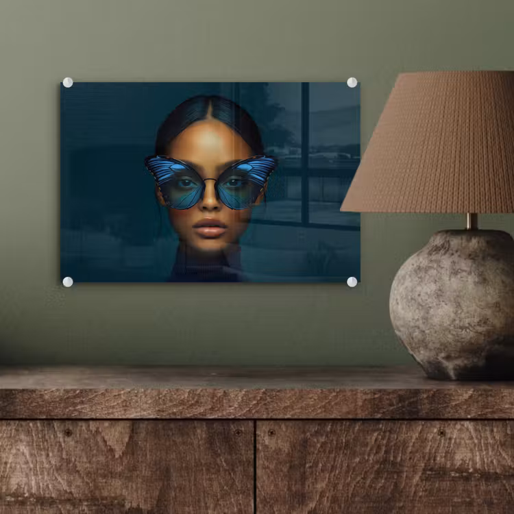 Vrouw - Vlinder - Bril - Blauw - Modern - Portret plexiglas 5mm klein -wsfeer2_DE