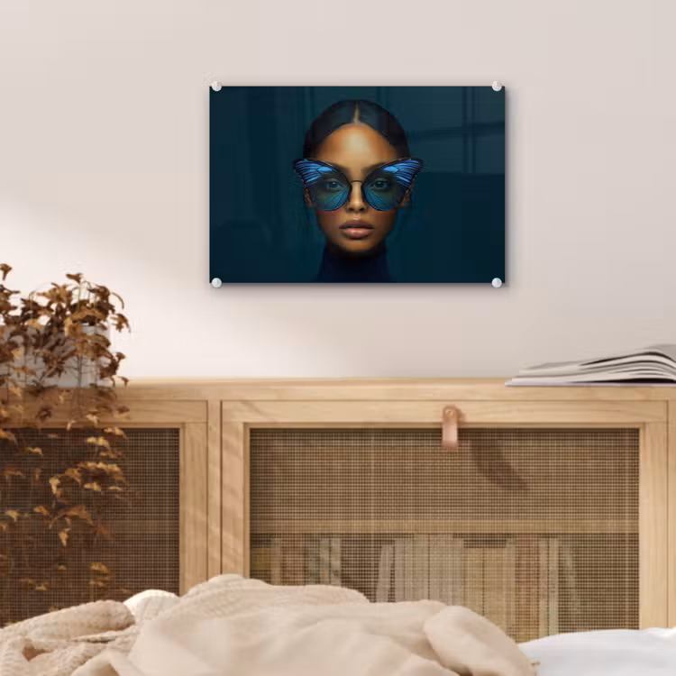 Vrouw - Vlinder - Bril - Blauw - Modern - Portret plexiglas 5mm klein -sfeer3