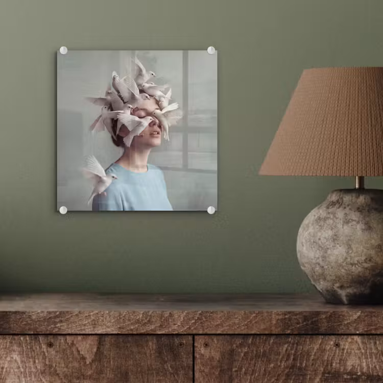 Vrouw - Vogels - Abstract - Modern - Wit plexiglas 5mm klein -sfeer3