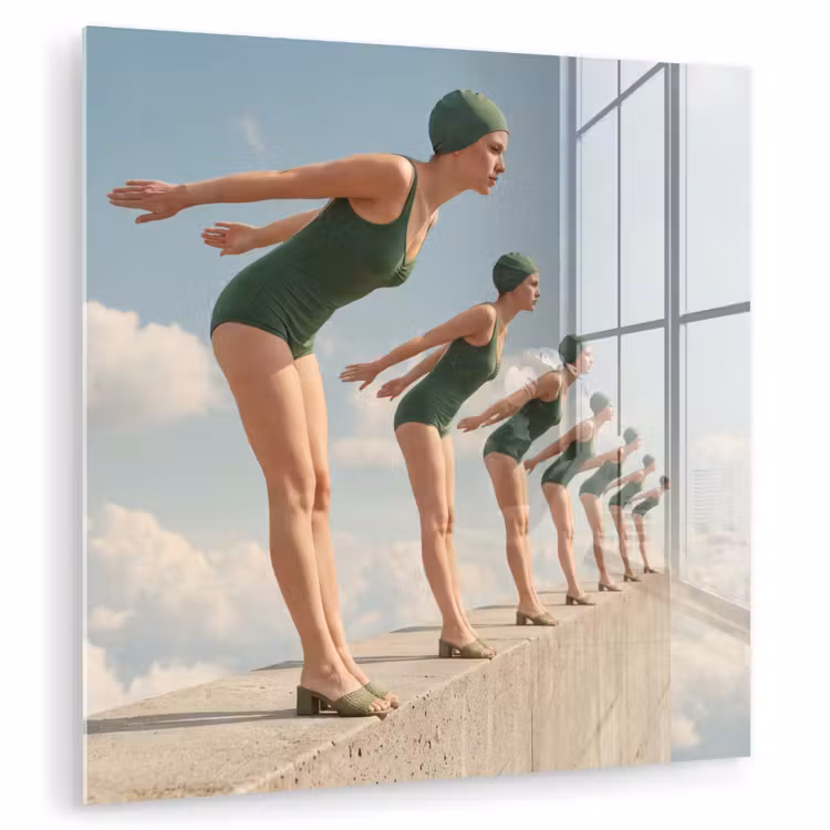 Glasbild - Frauen – Tauchhaltung – Wolken - Vrouwen - Duikhouding - Wolken plexiglas 5mm klein