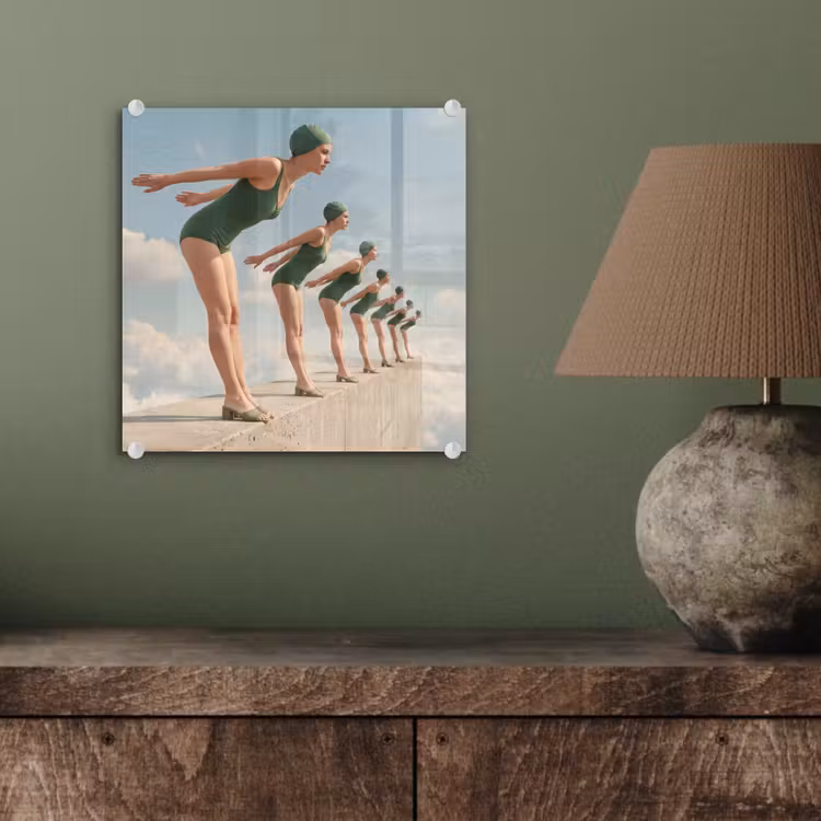 Glasbild - Frauen – Tauchhaltung – Wolken - Vrouwen - Duikhouding - Wolken plexiglas 5mm klein