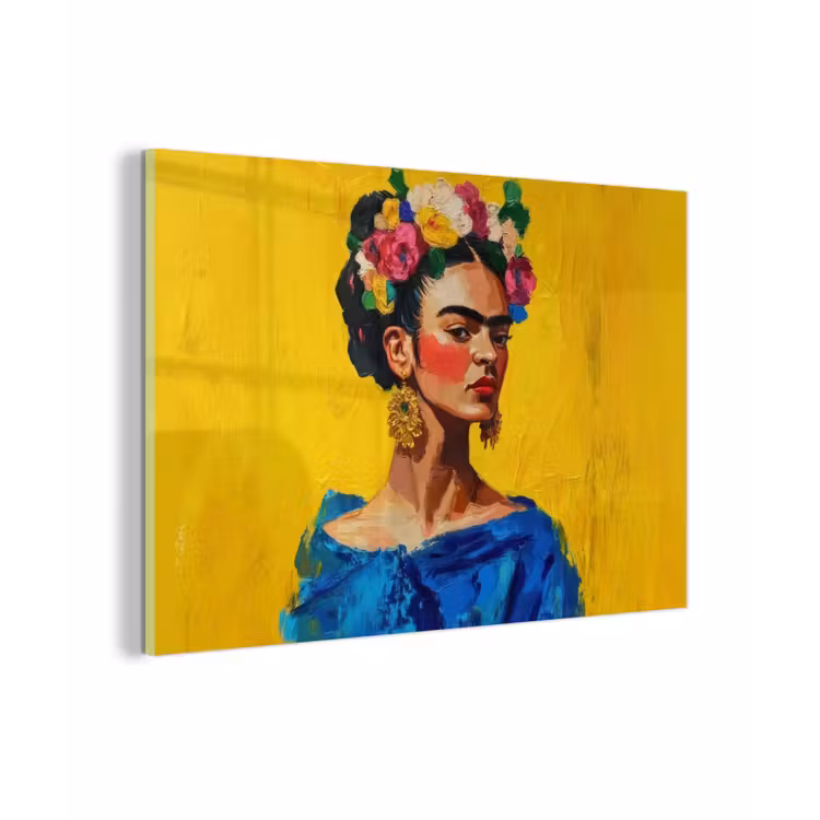 Frida Kahlo - Vrouw - Geel - Blauw - Bloemen plexiglas 5mm klein -zzzproduct_nieuw