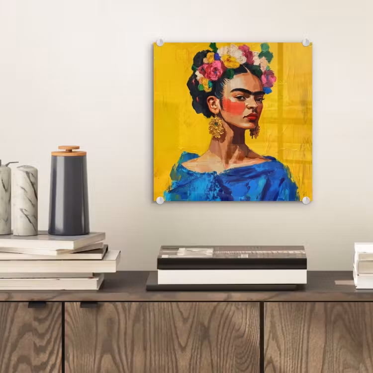 Frida Kahlo - Vrouw - Geel - Blauw - Bloemen plexiglas 5mm klein -sfeer1