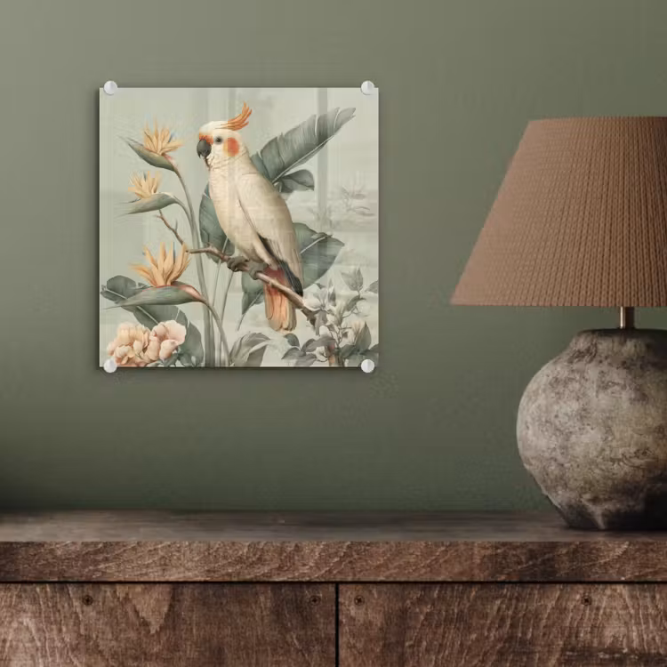 Gele kuifkaketoe - paradijsvogelbloemen - Groen plexiglas 5mm klein -sfeer3