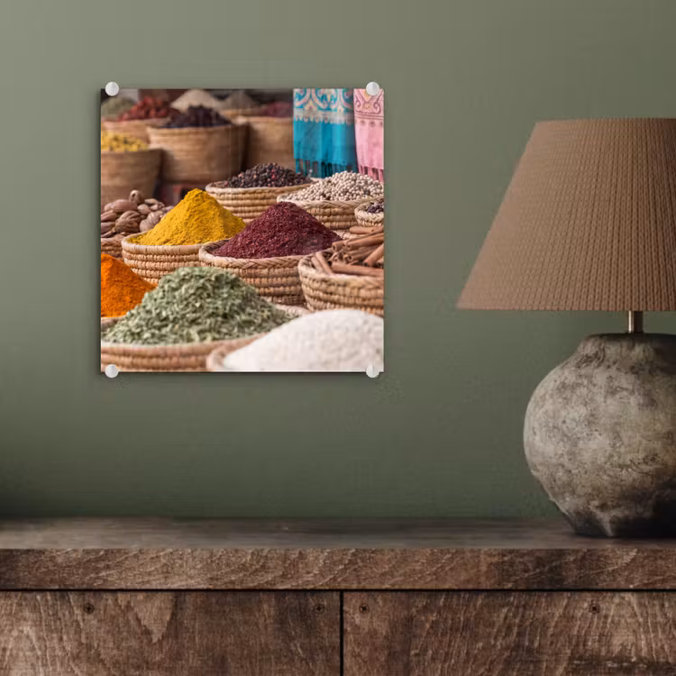 Glasbild - Gewürze – Körbe – Orientalisch - Kruiden - Manden - Oosters plexiglas 5mm klein