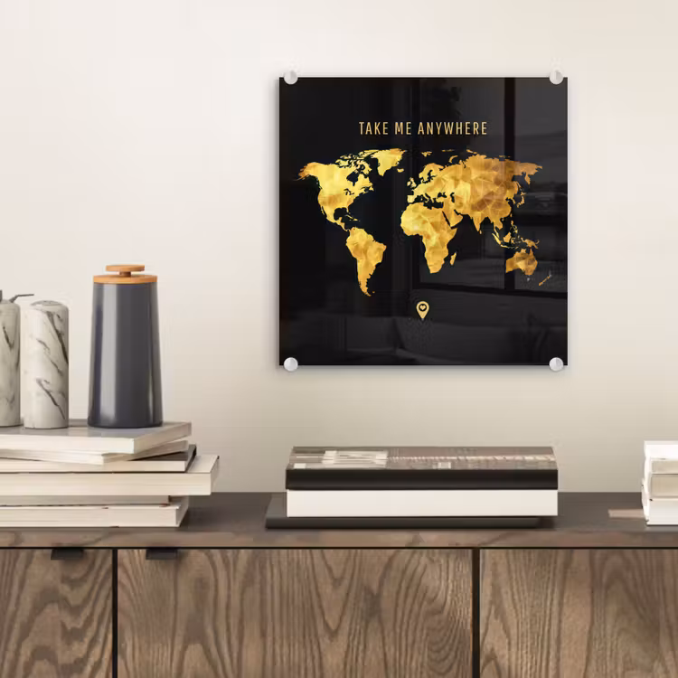 Goud - Wereldkaart - Quote plexiglas 5mm klein -sfeer1