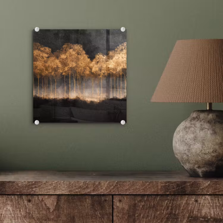 Gouden Bomen in Mistig Landschap plexiglas 5mm klein -sfeer3