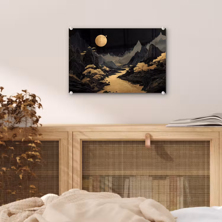 Gouden rivier - Bergen - Maan - Sterrenhemel plexiglas 5mm klein -sfeer3