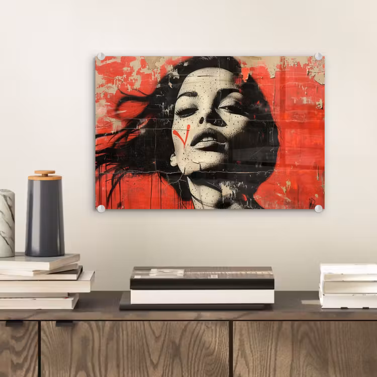 Graffiti - Vrouw - Rood - Street art - Banksy plexiglas 5mm klein -sfeer1