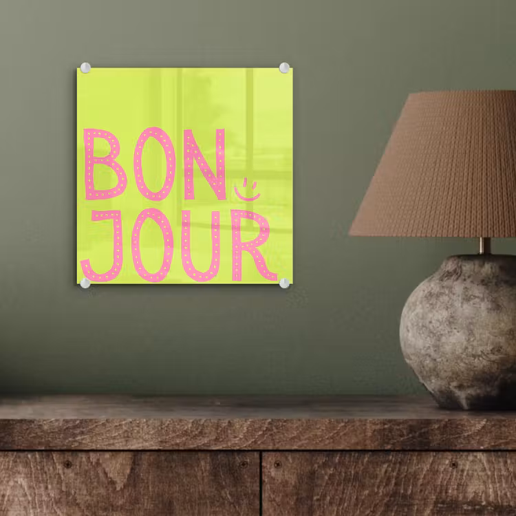 Groen - Smiley - Bonjour - Roze plexiglas 5mm klein -sfeer3