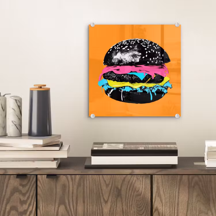 Hamburger - Oranje - Neon - popart plexiglas 5mm klein -sfeer1