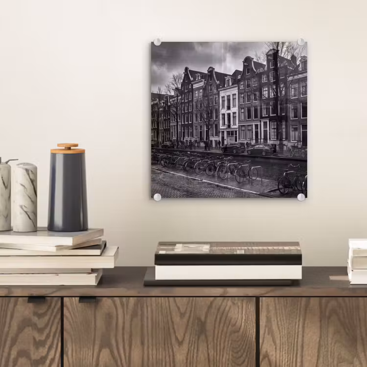 Glasbild - Haus – Kanal – Amsterdam – Architektur – Schwarz-Weiß - Huis - Gracht - Amsterdam - Architectuur - Zwart-wit plexiglas 5mm klein
