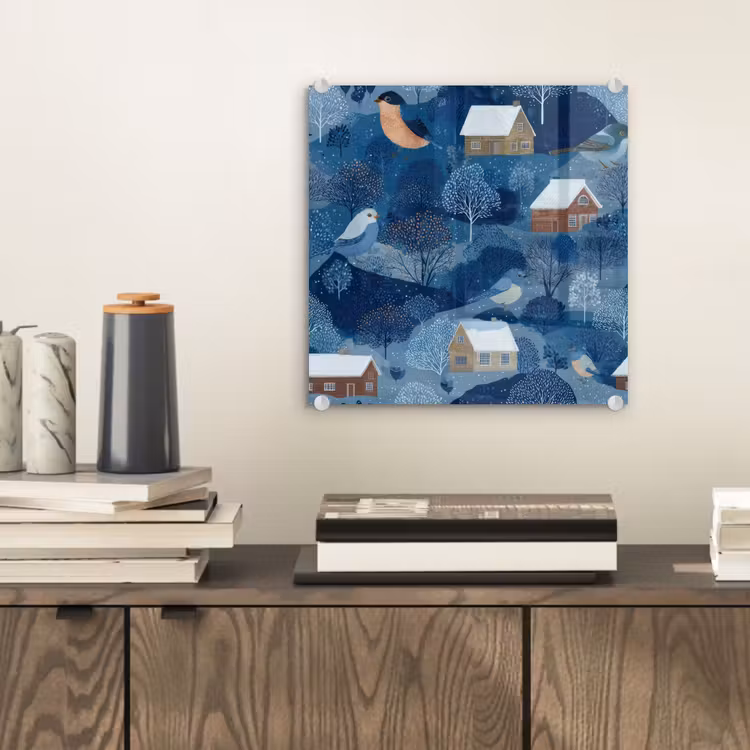 Huisjes - Vogels - Sneeuw - Winter - Blauw plexiglas 5mm klein 11 -sfeer1