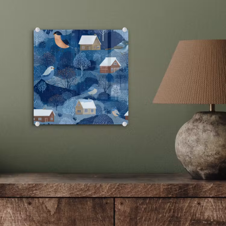 Huisjes - Vogels - Sneeuw - Winter - Blauw plexiglas 5mm klein 11 -sfeer3
