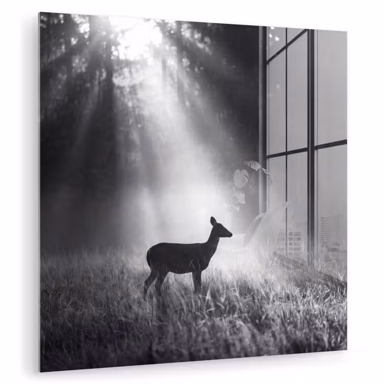 Hert - Bos - Zonnestralen - Zwart-wit - Natuur plexiglas 5mm klein -zzzproduct_nieuw
