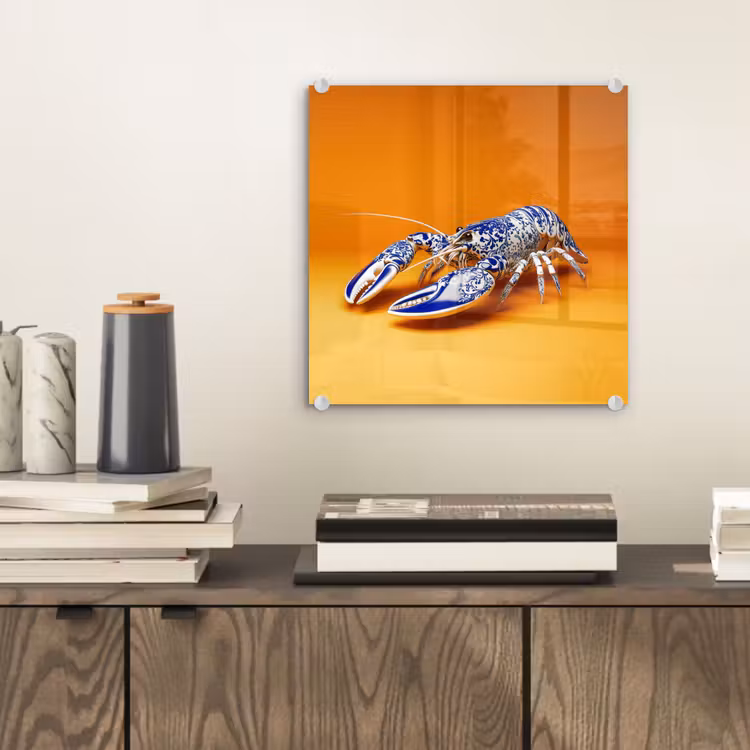 Kreeft - Delftsblauw - Schild - Stoer - Oranje plexiglas 5mm klein -sfeer1