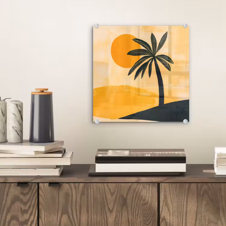 Illustratie - Palmboom - Zon - Heuvels plexiglas 5mm klein -sfeer1