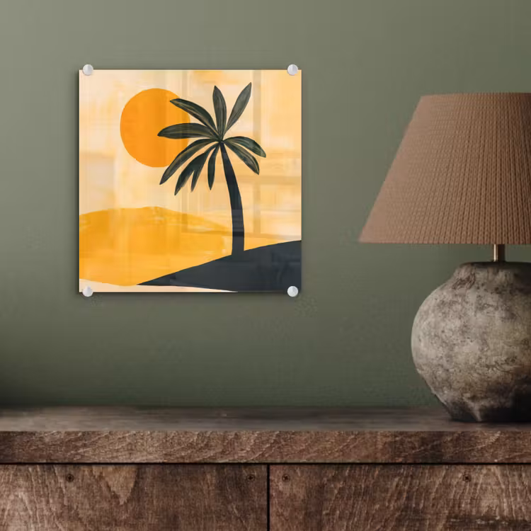 Illustratie - Palmboom - Zon - Heuvels plexiglas 5mm klein -sfeer3