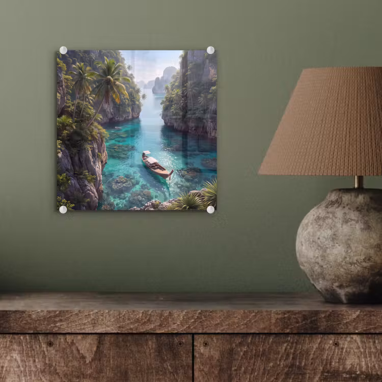 Glasbild - Insel – Tropisch – Wasser – Palmen – Natur - Eiland - Tropisch - Water - Palmbomen - Natuur plexiglas 5mm klein