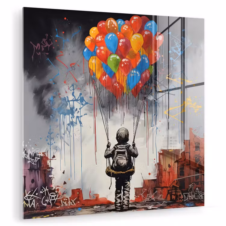 Jongen - Ballonnen - Gebouwen - Kunst plexiglas 5mm klein -zzzproduct_nieuw