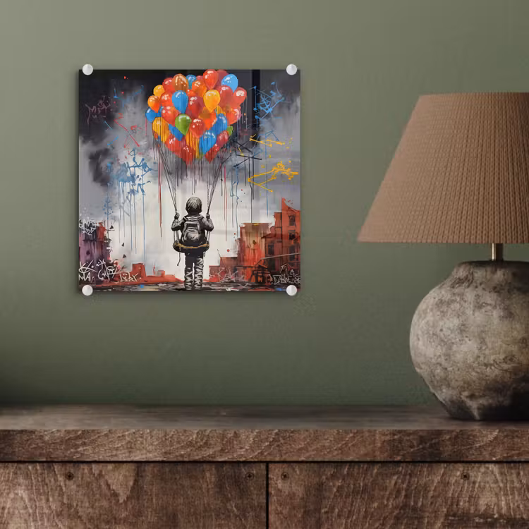 Jongen - Ballonnen - Gebouwen - Kunst plexiglas 5mm klein -sfeer3