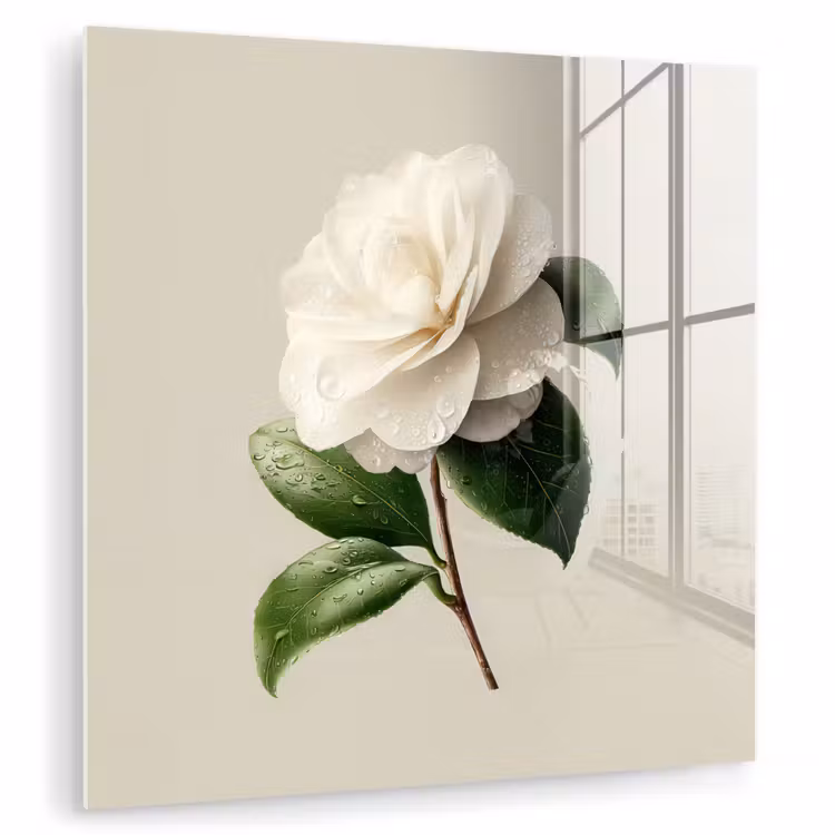 Cameliabloem - Wit - Groen plexiglas 5mm klein -zzzproduct_nieuw