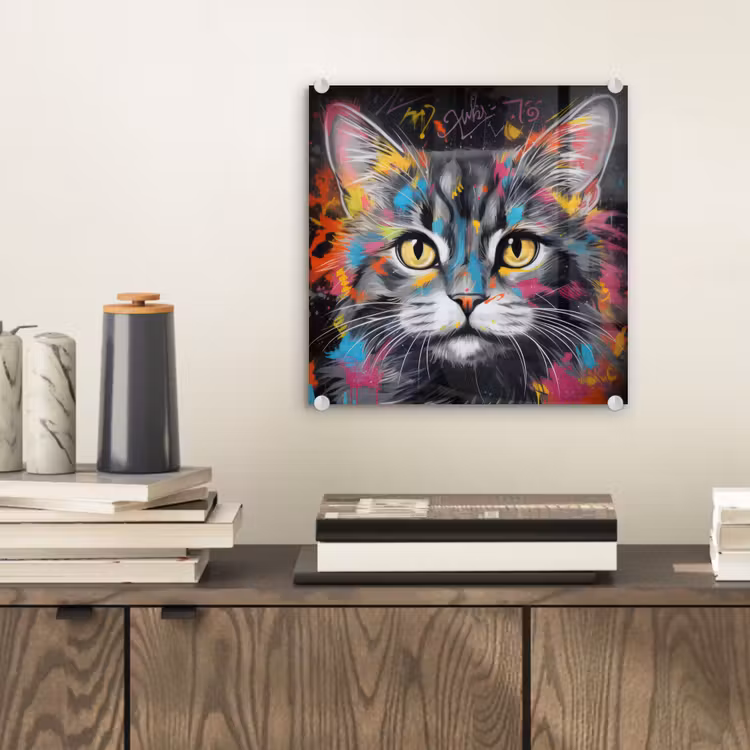 Kat - Graffiti - Dieren - Kleuren - Grijs plexiglas 5mm klein -sfeer1