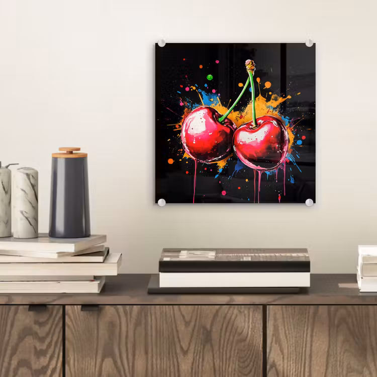 Kersen - Fruit - Graffiti - Verf - Abstract - Modern - Kleurrijk plexiglas 5mm klein -sfeer1
